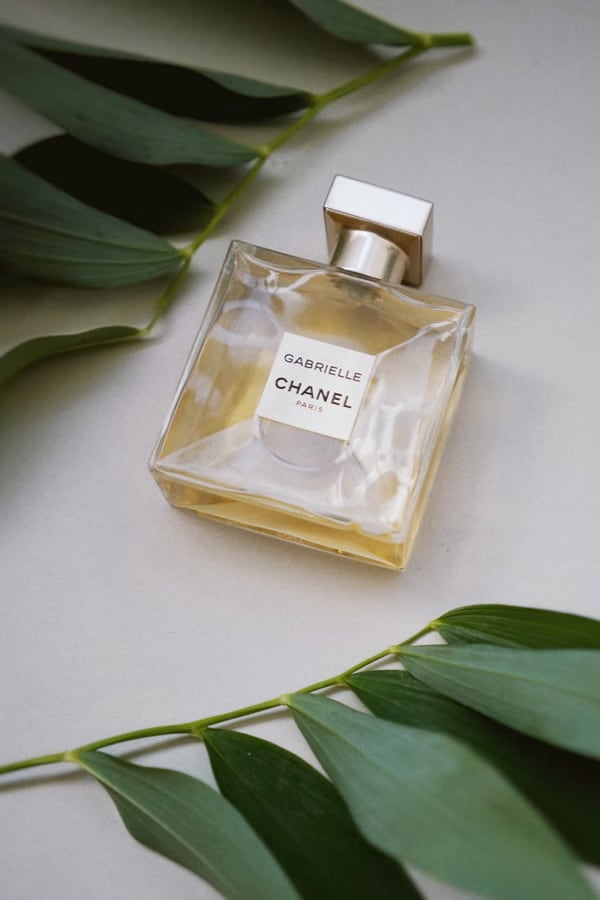 A bottle of Gabrielle Essence Eau De Parfum by CHANEL placed on a surface with green leaves around it